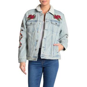 Embroidered Sherpa-Lined Denim Jacket